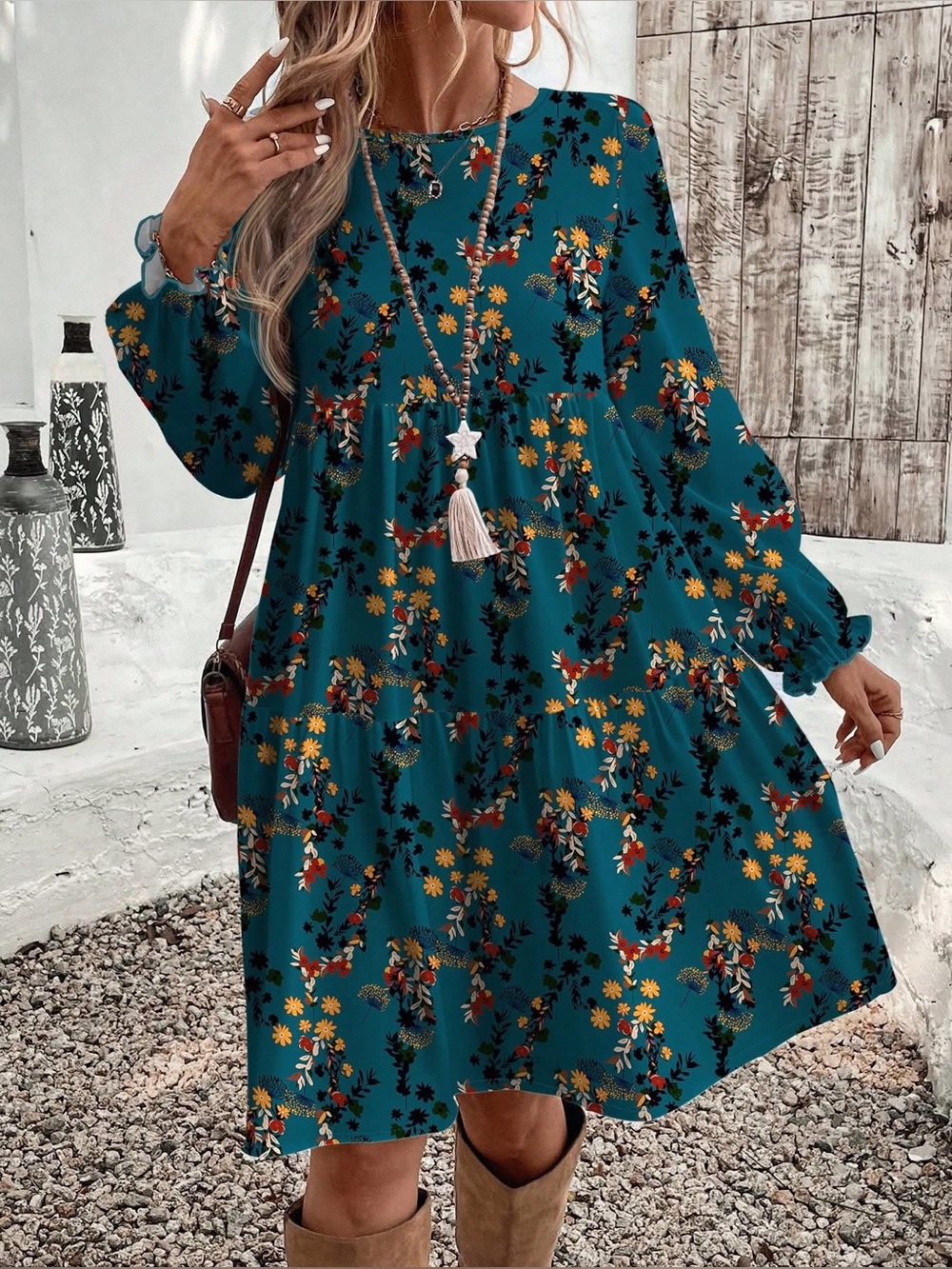 Teal Floral Long-Sleeve Babydoll Dress